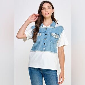 Pastels Light Blue Denim & White Mixed Short Sleeve Top